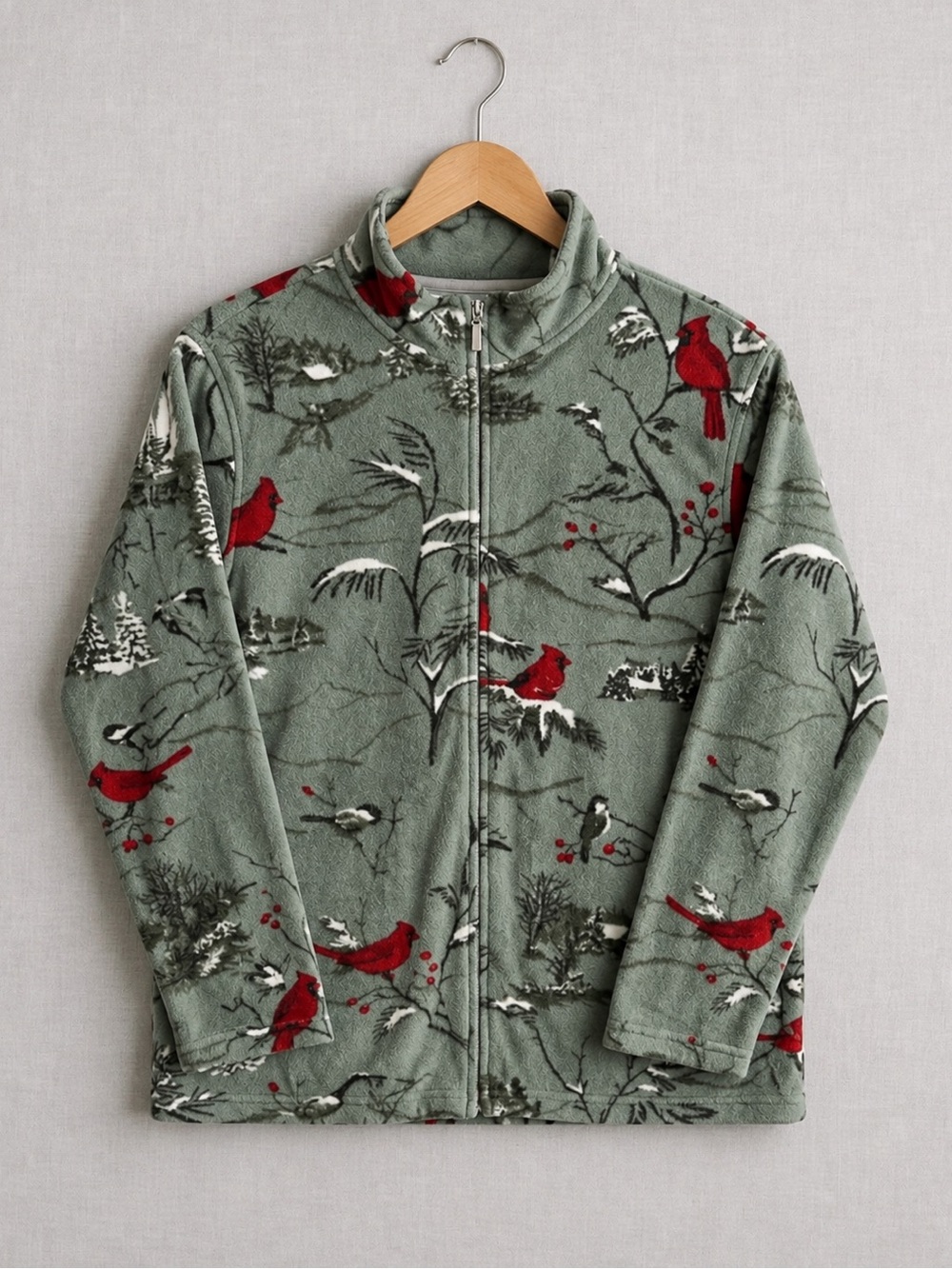 Vintage Northern Reflections Sage Green Puffer Jacket with Red Cardinal Print